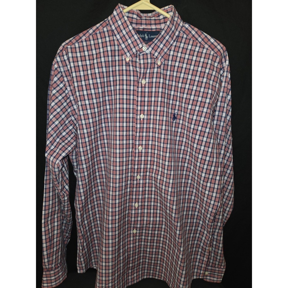 Polo Ralph Lauren Mens Large‎ 100% Cotton Long Sleeve Button Up (Blue Red plaid)